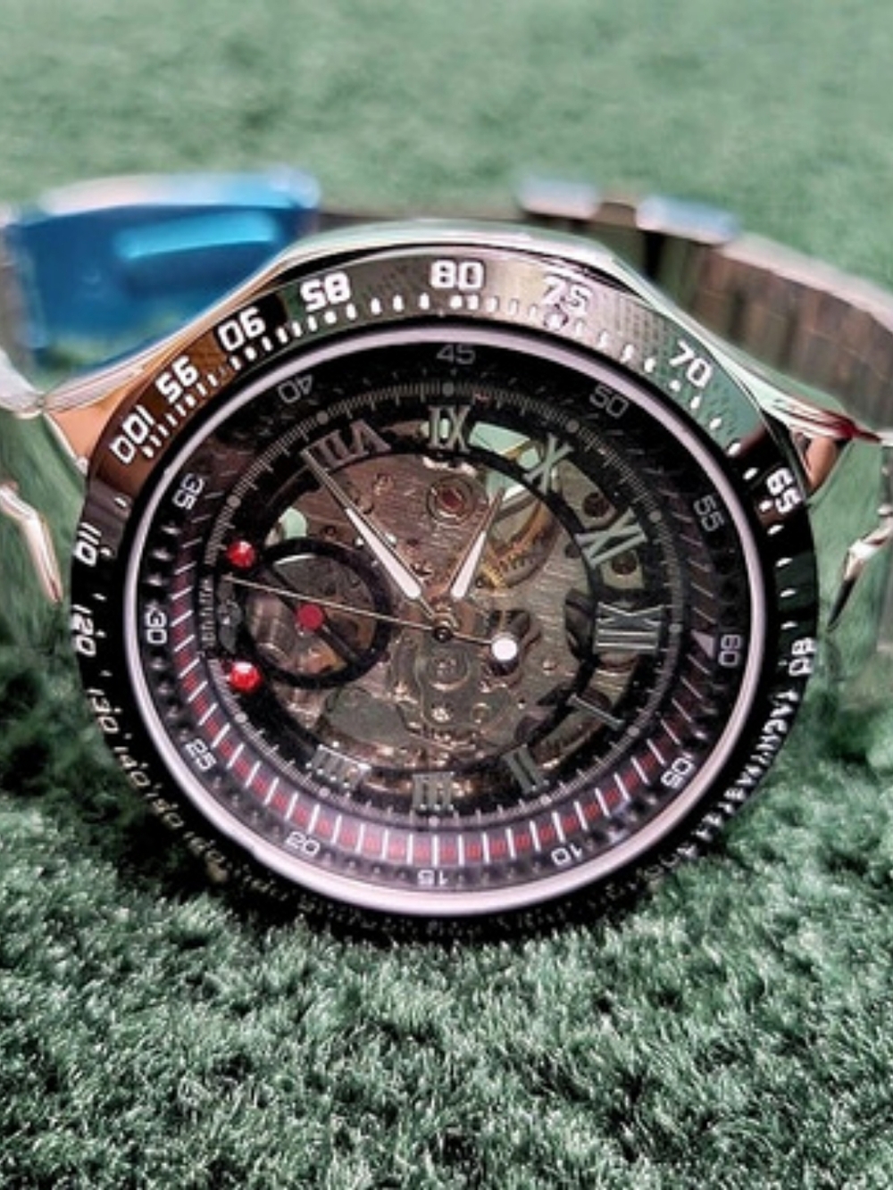 Winner Skeleton Chronograph Watch Silver & Black
